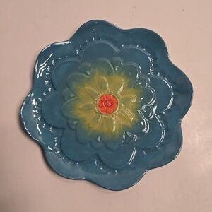 Grasslands Road Floral Flower Shaped Plate Colorful Teal Yellow Orange 8.5 In